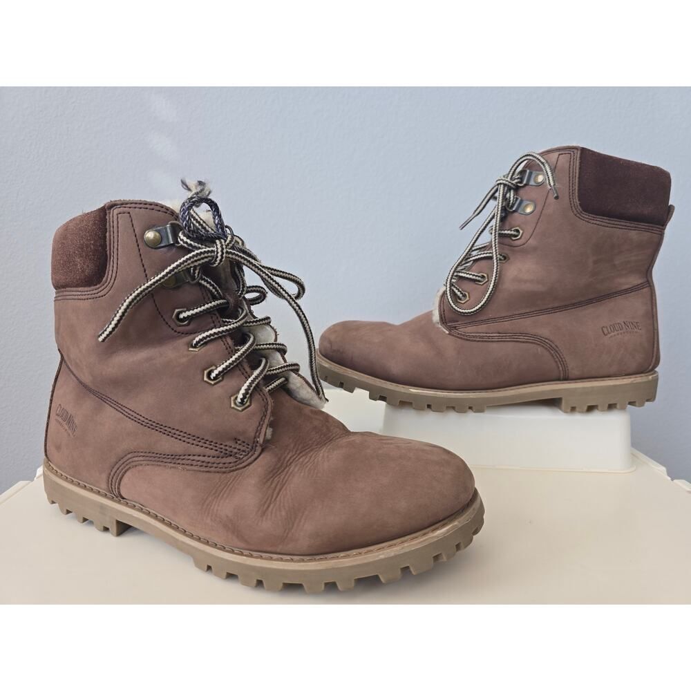 Cloud Nine Sheepskin Brown Leather Lace-Up Winter Boots | Men’s Size 9 Warm